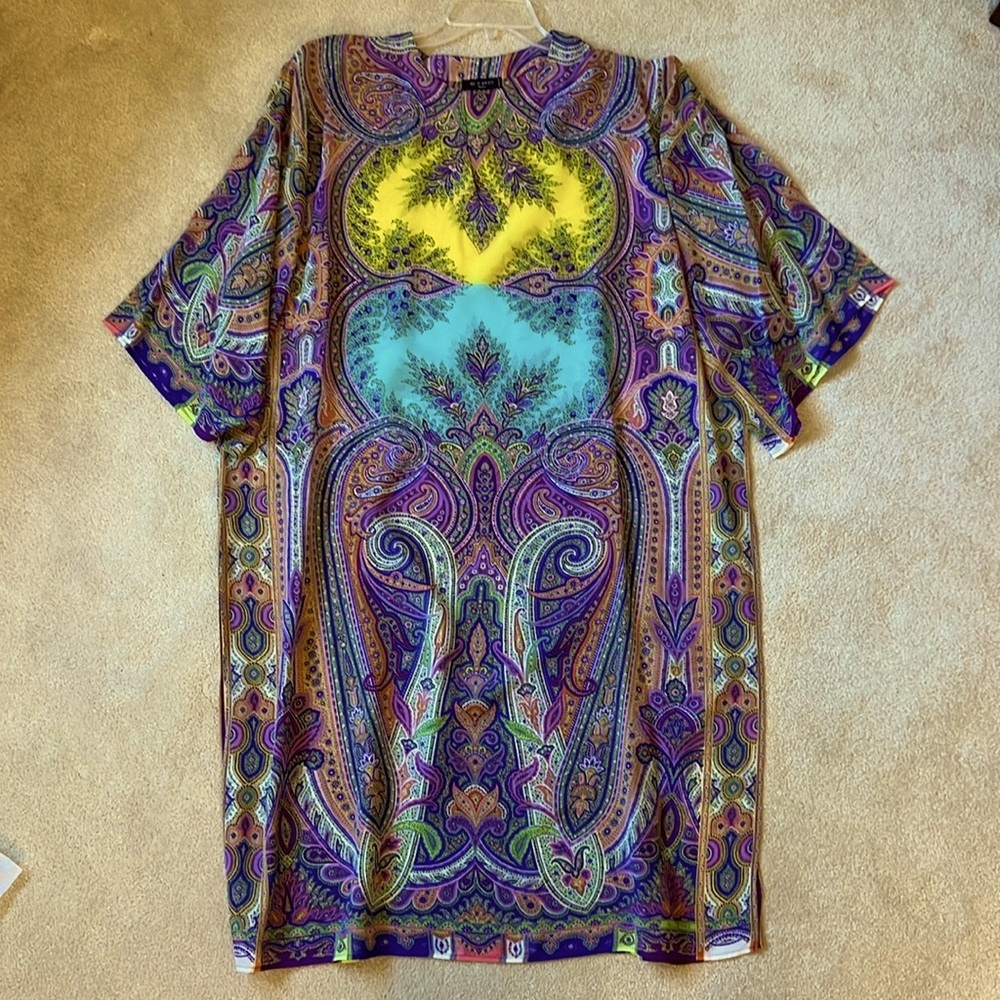 ETRO Milan 100% Silk, V-neck, Long-sleeve dress. Bright Paisley design